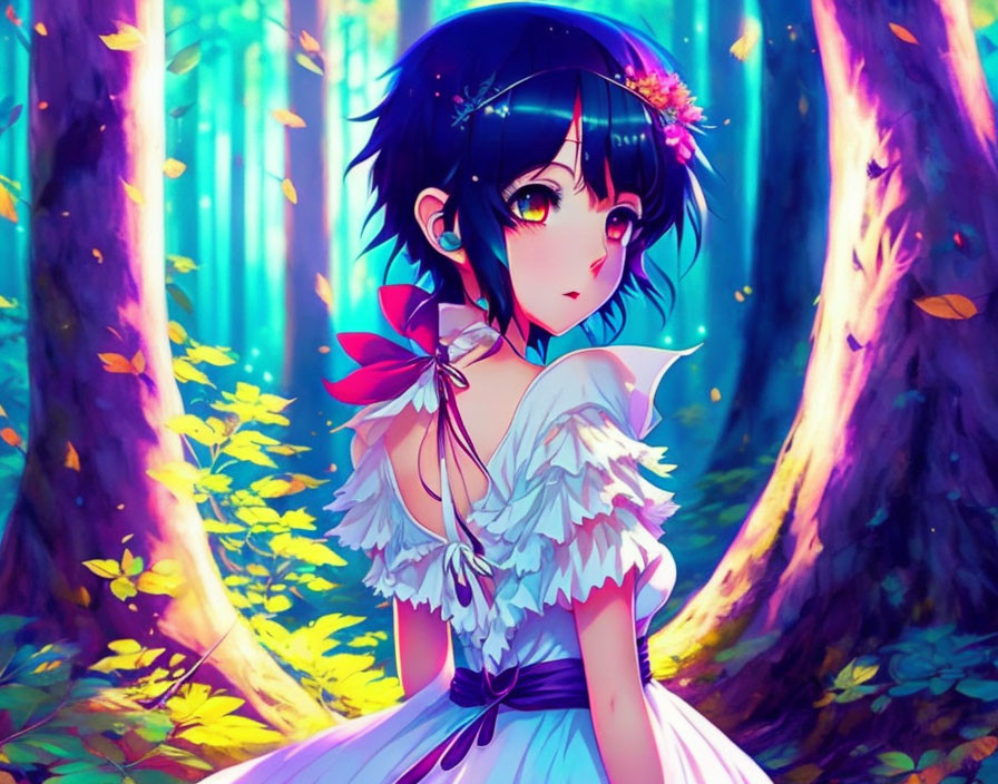 Anime girl with dark hair and yellow eyes in white dress, vibrant forest setting