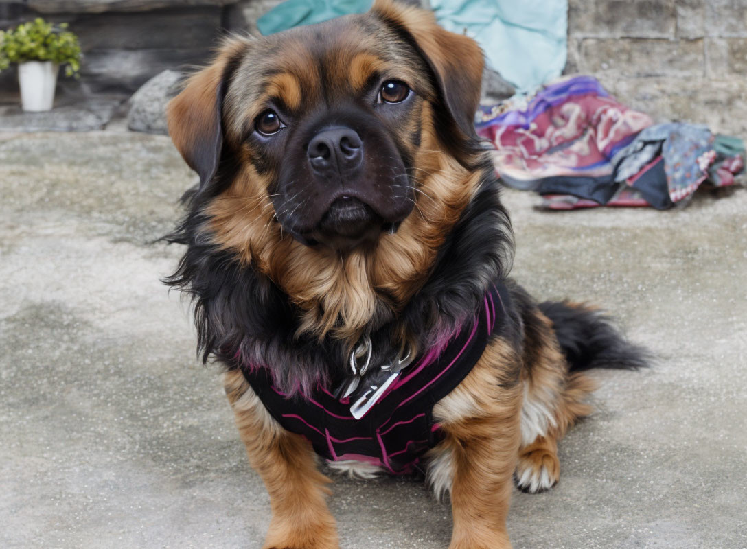 Brown and Black Dog in Pink Harness Sitting on Concrete