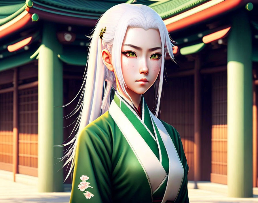 White-Haired Character in Green Outfit at Temple