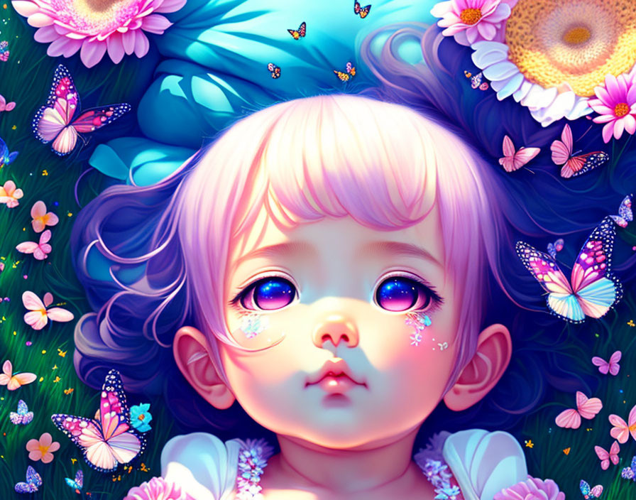 Child with purple eyes and pink hair in colorful floral scene