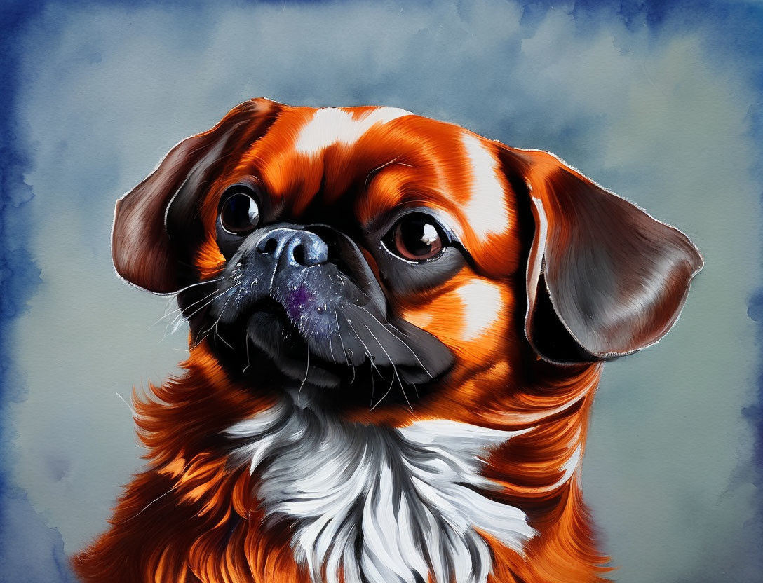 Detailed Digital Painting of Brown and White Dog on Textured Blue Background