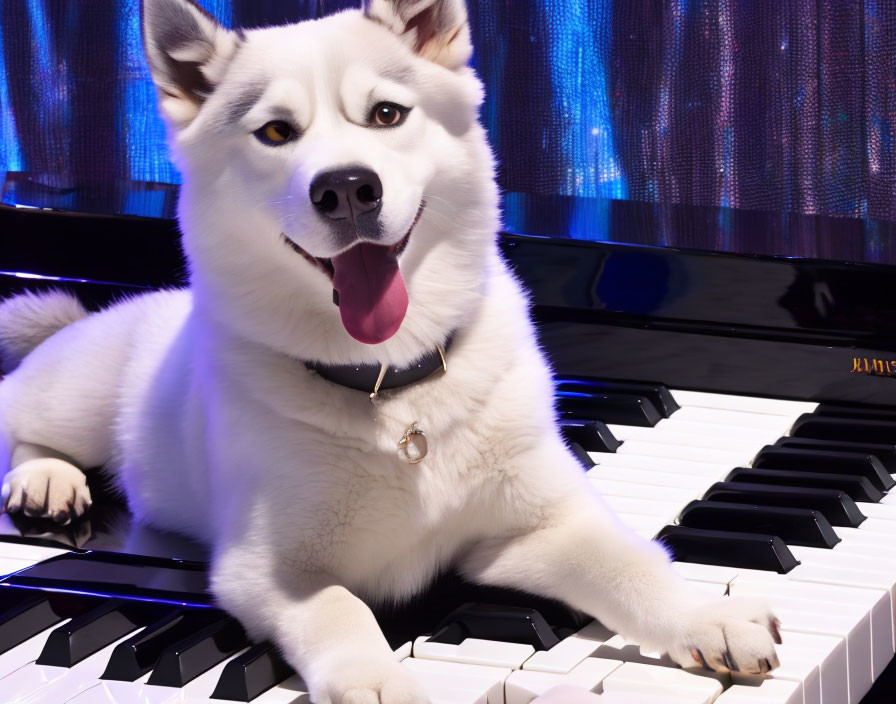 Husky dog playing piano under blue stage lights