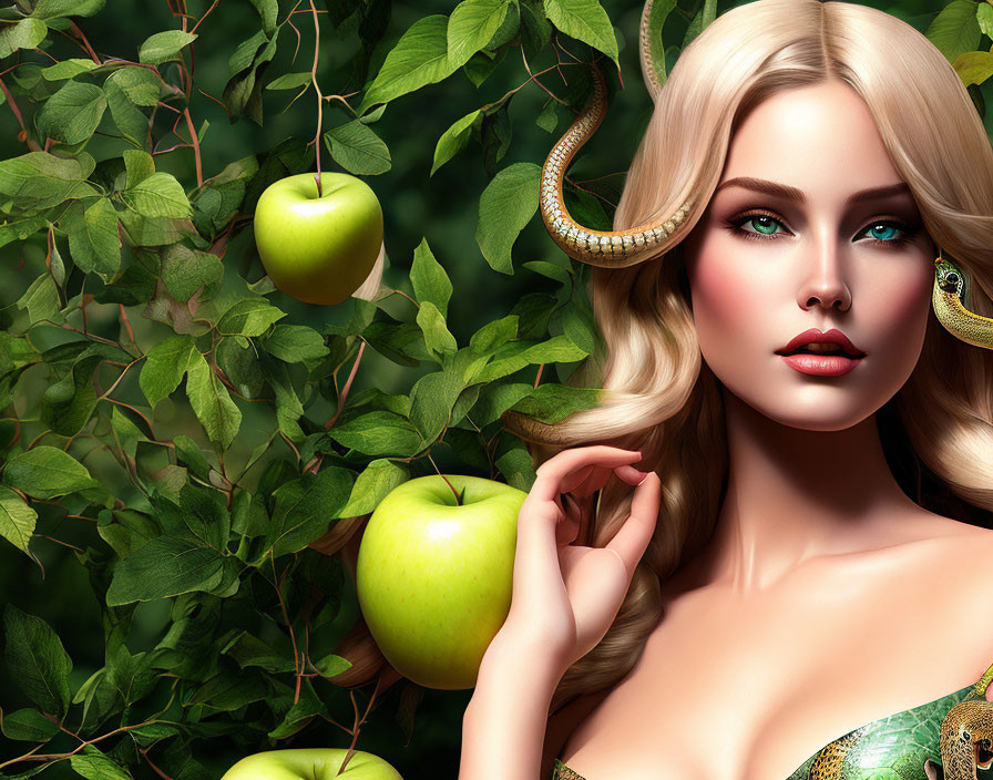 Digital artwork: Woman with horns in apple tree, fantasy theme