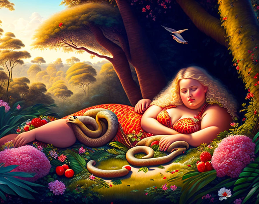 Woman in Red Dress Relaxing in Lush Forest with Snake and Flowers