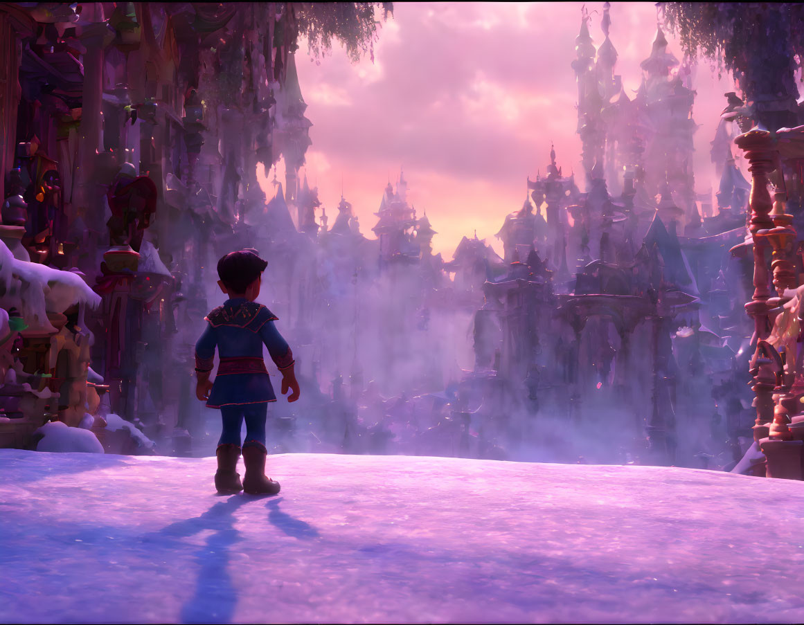 Animated character gazes at mystical snow-covered cityscape