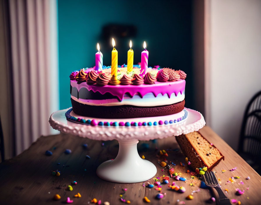 Chocolate Birthday Cake with Pink Frosting and Lit Candles on White Stand