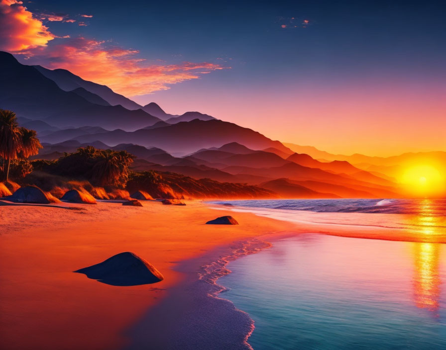Scenic beach sunset with palm trees, wet sand, mountains, and vibrant sky