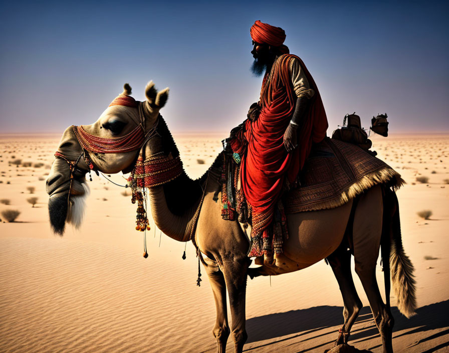 Man in traditional attire riding camel in desert with another camel following under clear sky