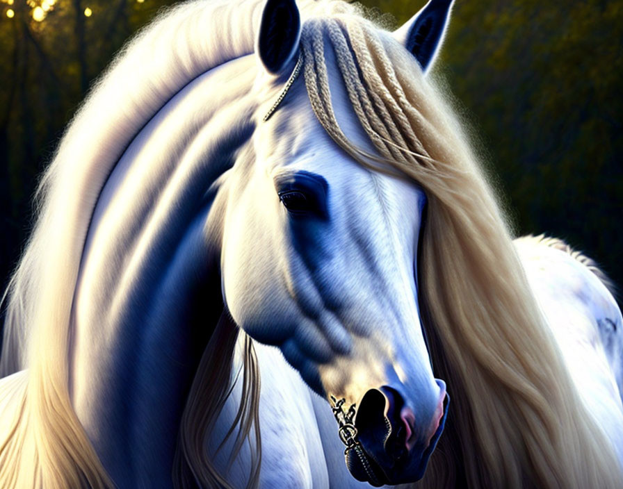 White horse with blonde mane in sunlit forest.