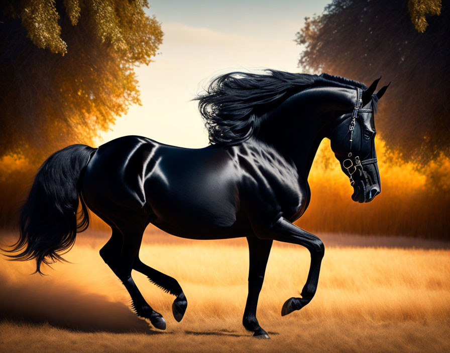 Majestic black horse galloping in autumnal setting