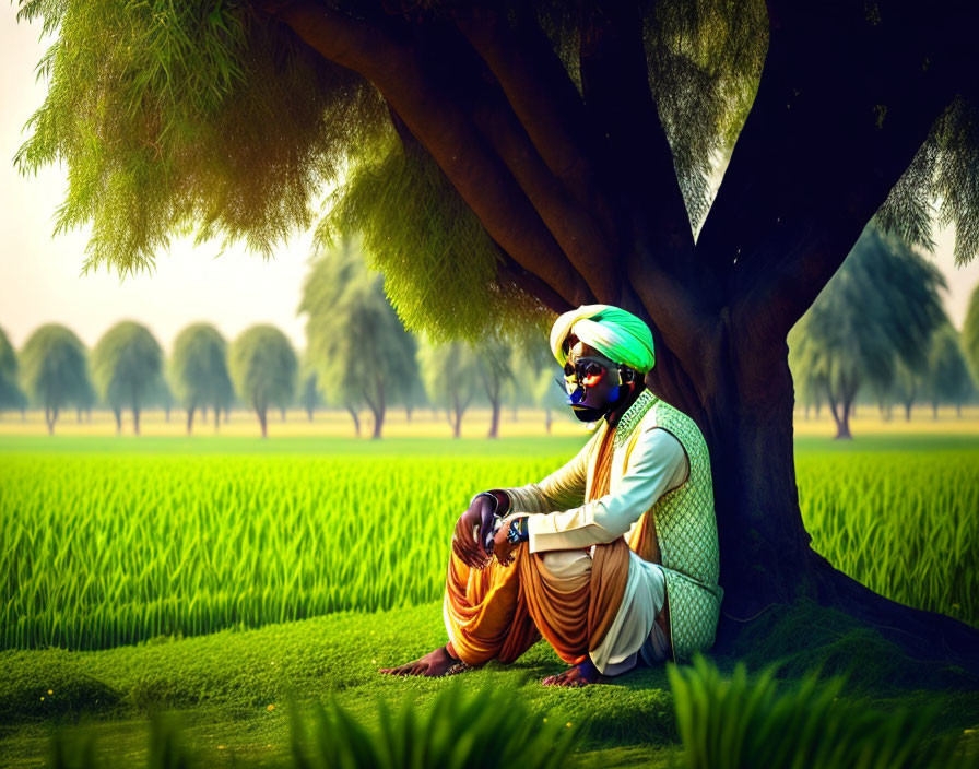 Person in Turban and Sunglasses Contemplating Under Tree