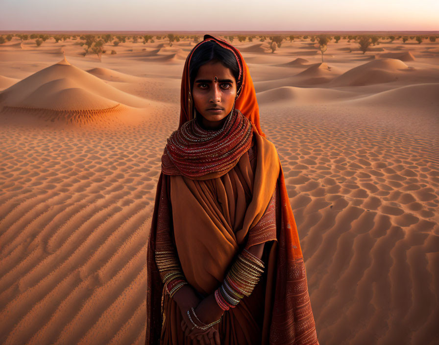 Traditional Orange Dress and Jewelry in Desert Sunset