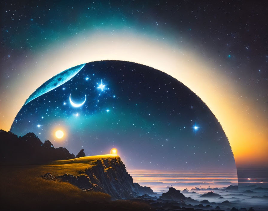 Surreal landscape with crescent moon, stars, planet edge, ocean, and cliff
