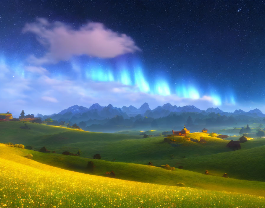 starry sky, grassland, aurora, snow mountain