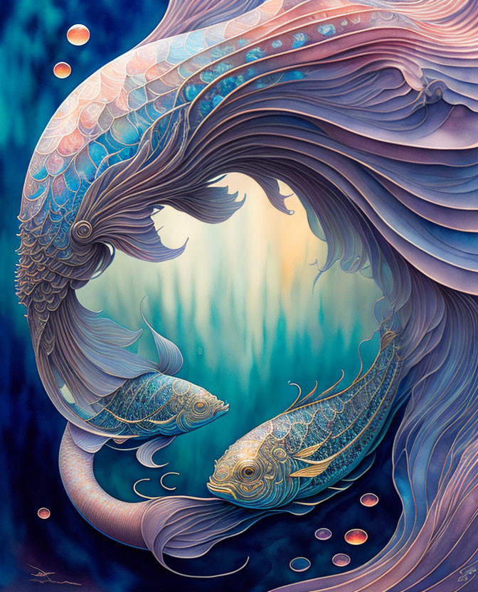 Stylized fish surrounded by intricate patterns on mystical background
