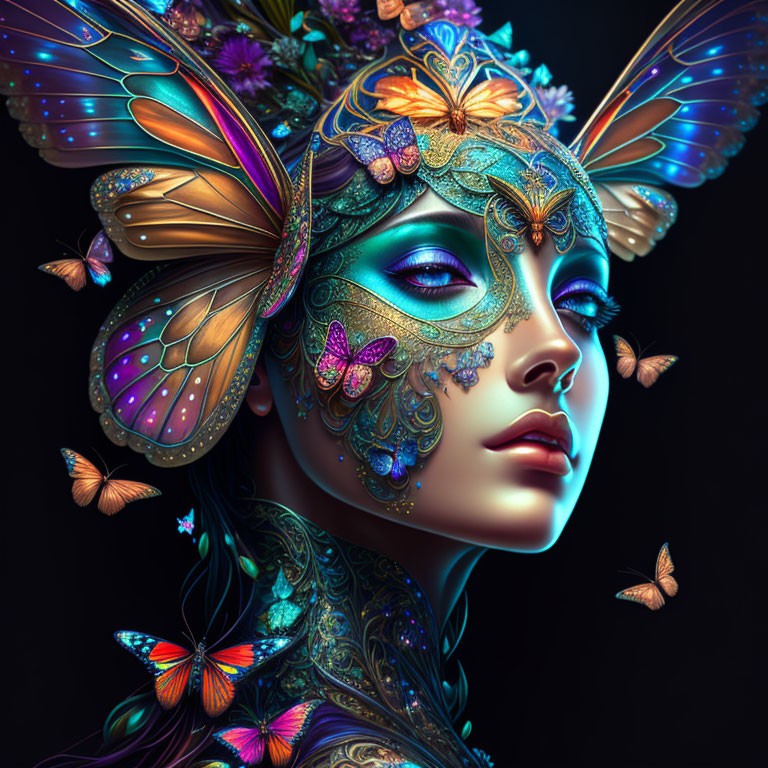 Colorful Digital Artwork: Woman with Butterfly Makeup & Accessories