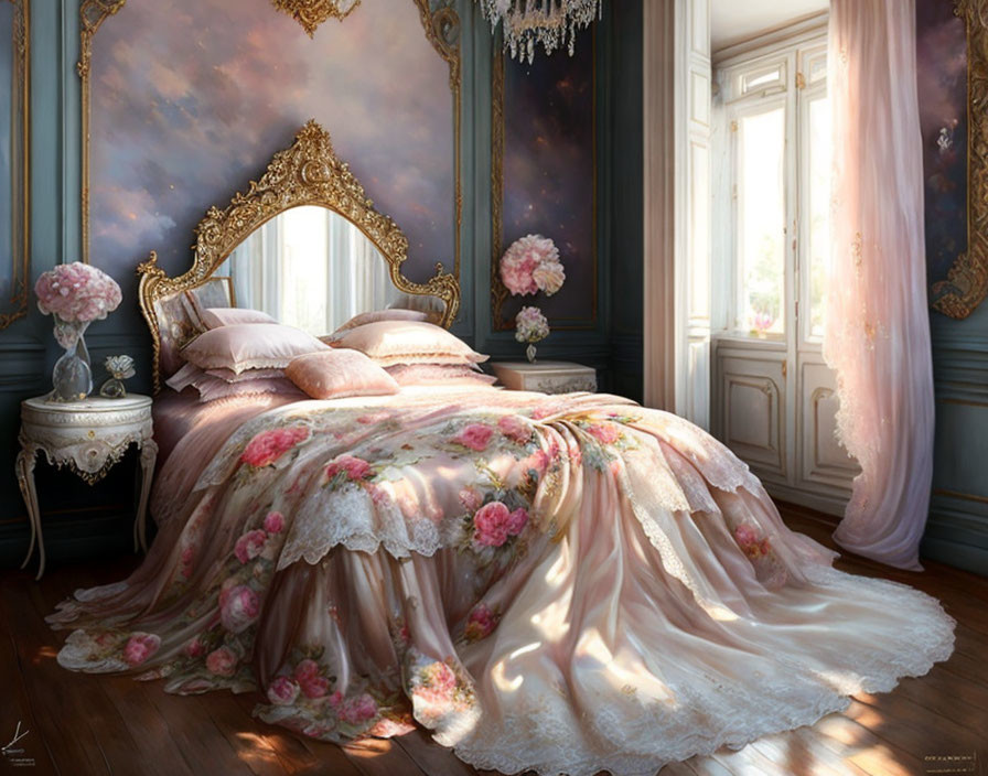 Classic Bedroom Decor with Floral Bedspread & Soft Lighting