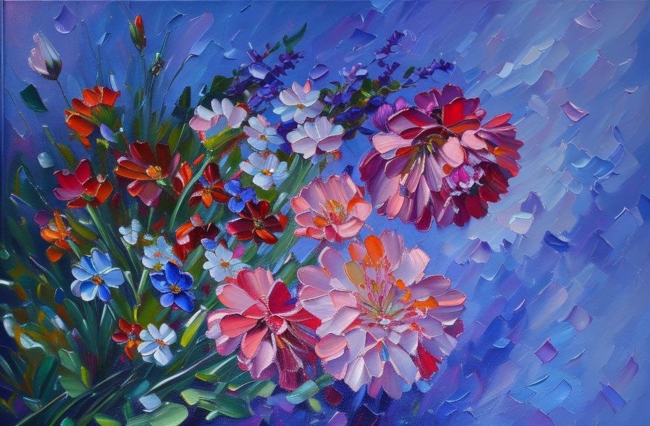 Colorful Flowers Oil Painting on Textured Blue Background