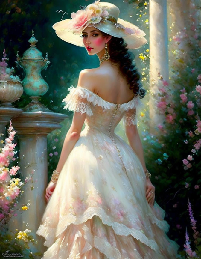 Woman in Cream Gown and Flower Hat in Garden
