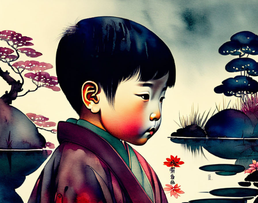 Stylized portrait of young child in traditional clothing against floral watercolor backdrop