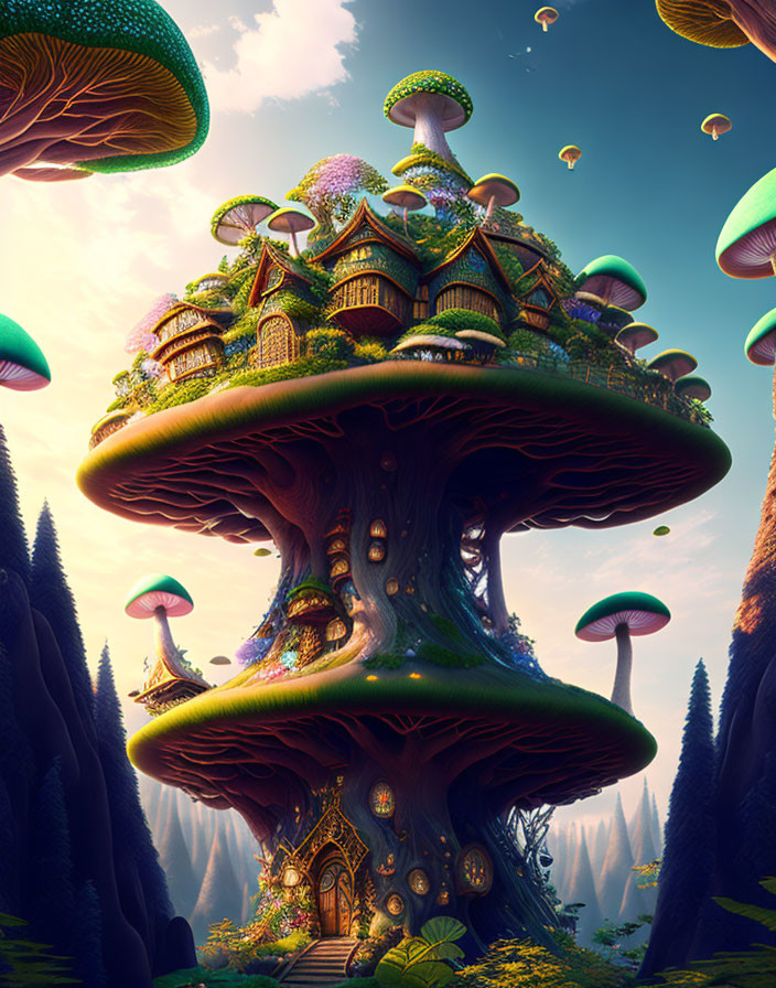 Giant mushrooms treehouse surreal 
