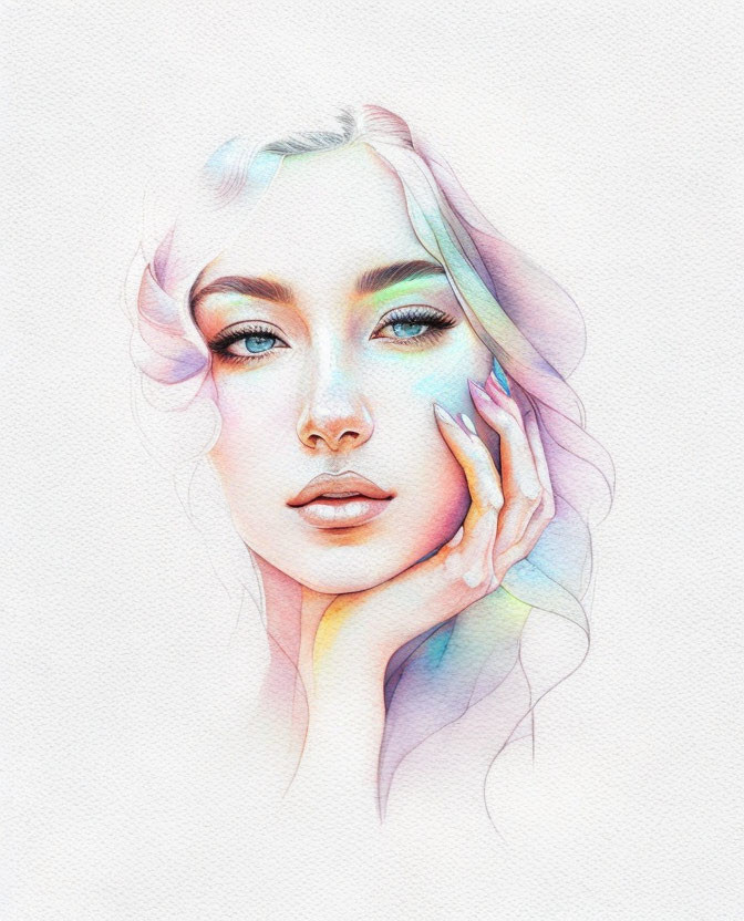 Pastel watercolor portrait of a woman with wavy hair and dreamy expression