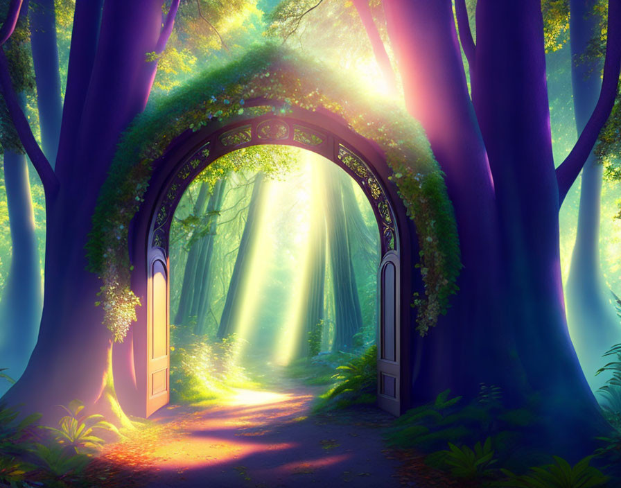 Ornate door in magical forest with sunlight beams