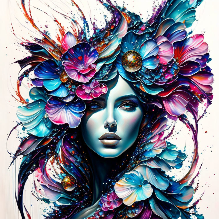Vibrant floral and abstract portrait in rich blues and purples