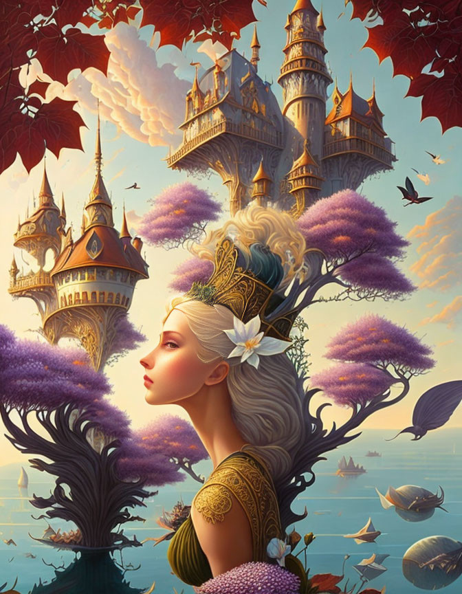 Fantasy artwork of serene woman with golden attire and city towers on head, amidst purple trees and floating