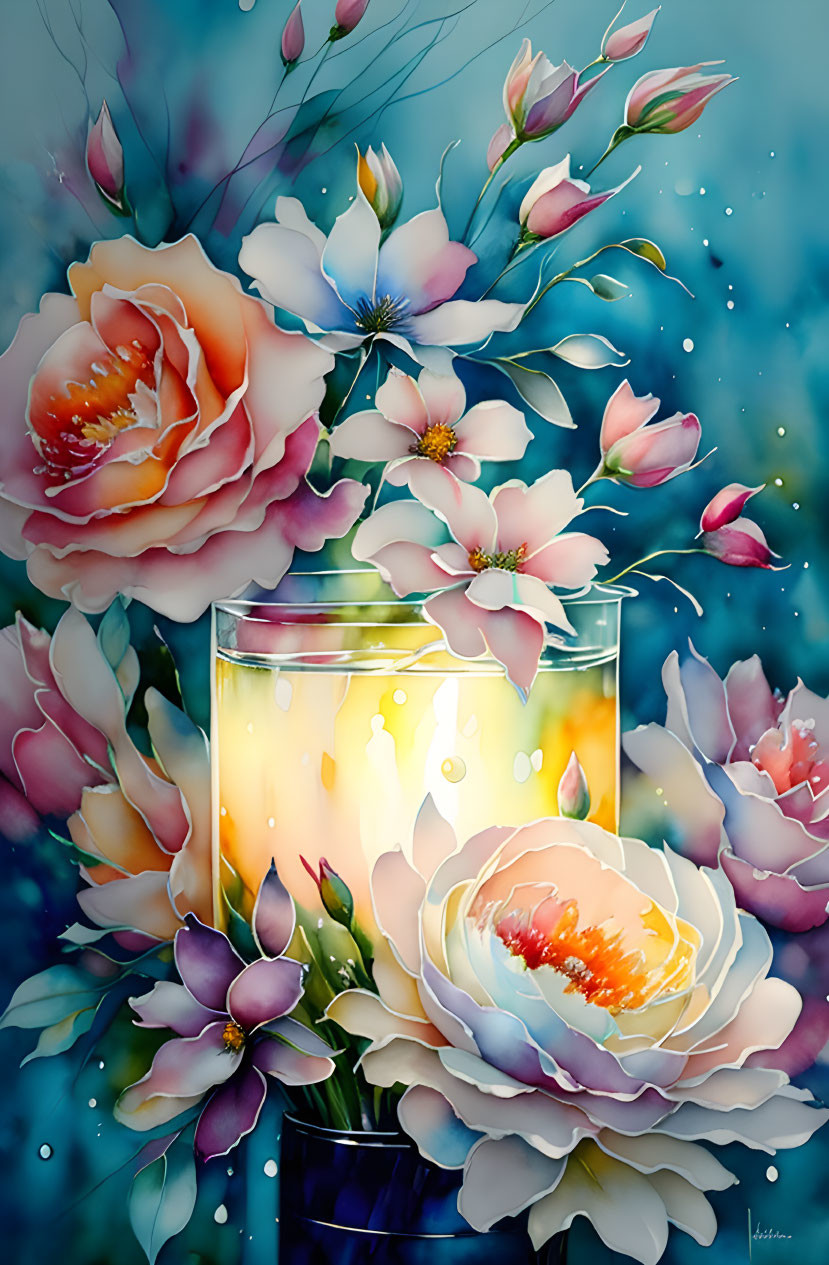 Colorful Flowers and Candle in Glass Vase on Blue Background
