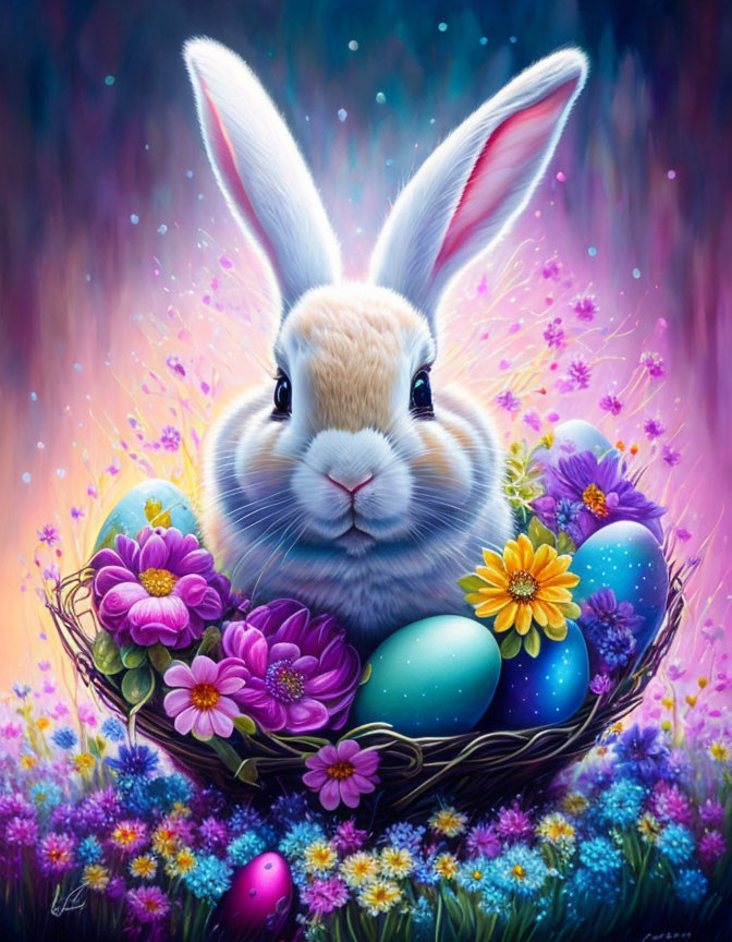 Whimsical bunny with Easter eggs and flowers on sparkly background