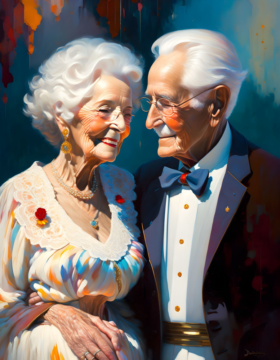 Elderly couple in lace dress and suit smiling lovingly against colorful backdrop