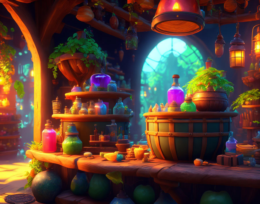 Fantastical interior with glowing potions, barrels, and plants under warm lighting