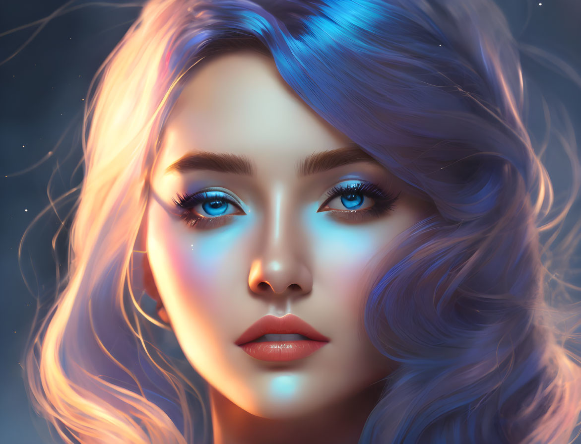 Digital portrait of woman with wavy blue hair and glowing eyes in mystical lighting