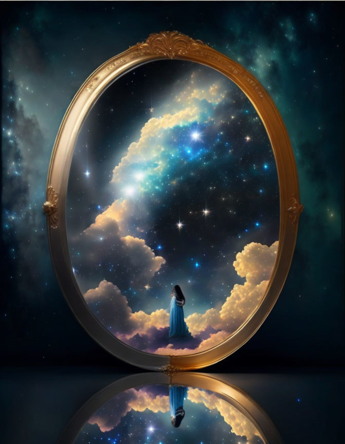 Person in Blue Dress Standing Before Ornate Circular Mirror Reflecting Starry Night Sky