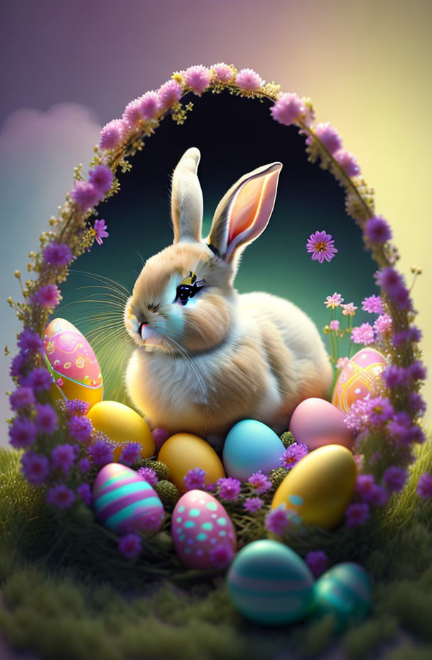 Colorful Easter Bunny surrounded by eggs and flowers under a magical arch