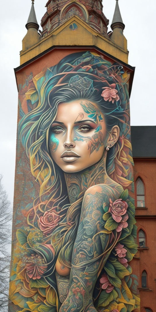 Colorful mural of woman with flowing hair and tattoos in artistic design