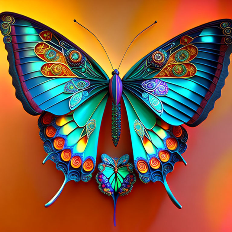 Colorful Digital Artwork: Large Butterfly with Intricate Patterns and Reflection of Smaller Butterfly on Fi