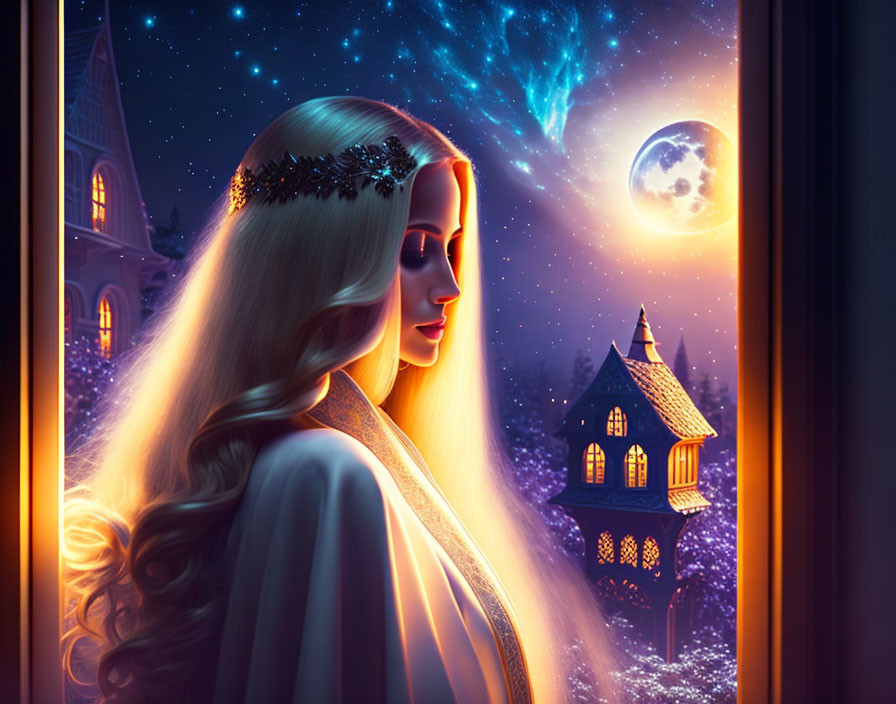Fantasy illustration of woman with crown gazing at night sky.