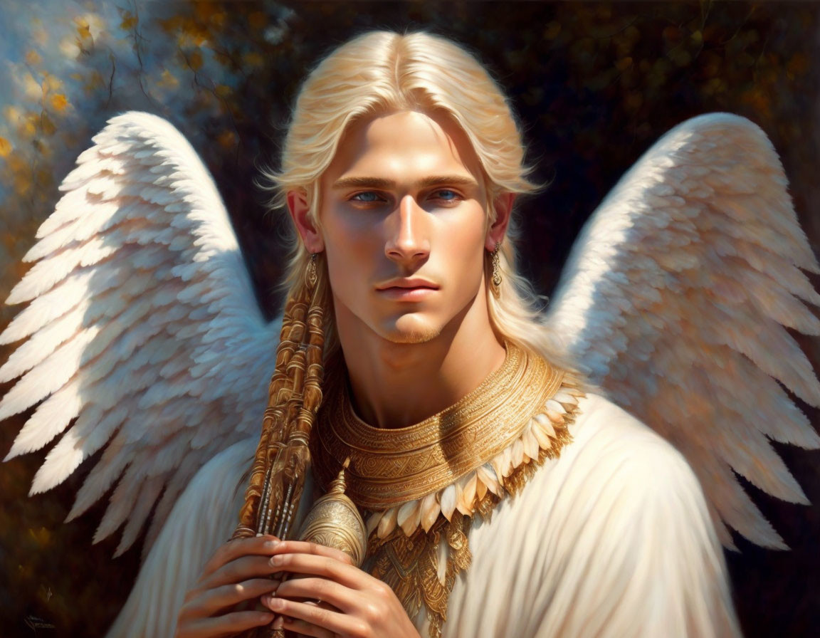 Blond-haired figure with white wings and golden jewelry in serene gaze