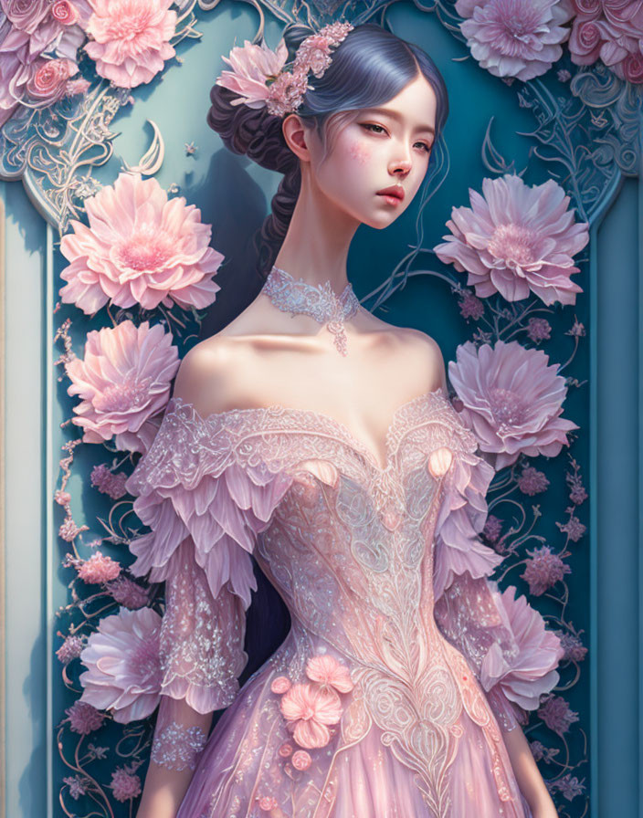 Ethereal woman in lavender dress with floral details on blue backdrop