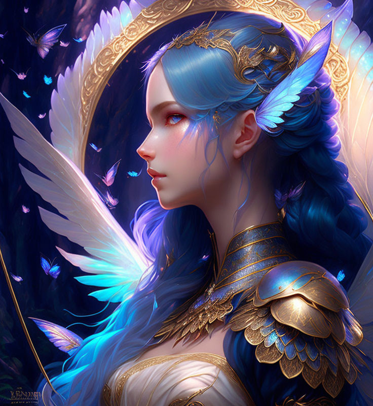 Fantastical image of woman with blue hair and butterfly wings in golden armor surrounded by luminescent