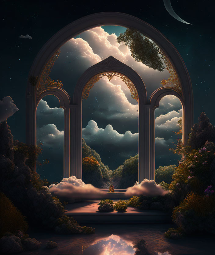 Open archway unveils surreal nightscape with clouds, water, crescent moon.