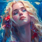 Surreal portrait of woman with marine life in vibrant underwater scene