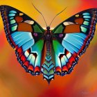Colorful Digital Artwork: Large Butterfly with Intricate Patterns and Reflection of Smaller Butterfly on Fi