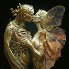 Intricate sculpture of humanoid and winged figure embrace