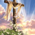 Wooden cross with white cloth and lilies under colorful sky
