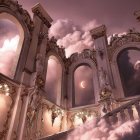 Fantastical architecture with ornate arches and columns in a purple sky