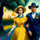 19th-Century Couple Painting on Vibrant Yellow Path