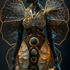 Digital artwork of humanoid figure in golden armor with gem-encrusted chest piece and wing-like attachments